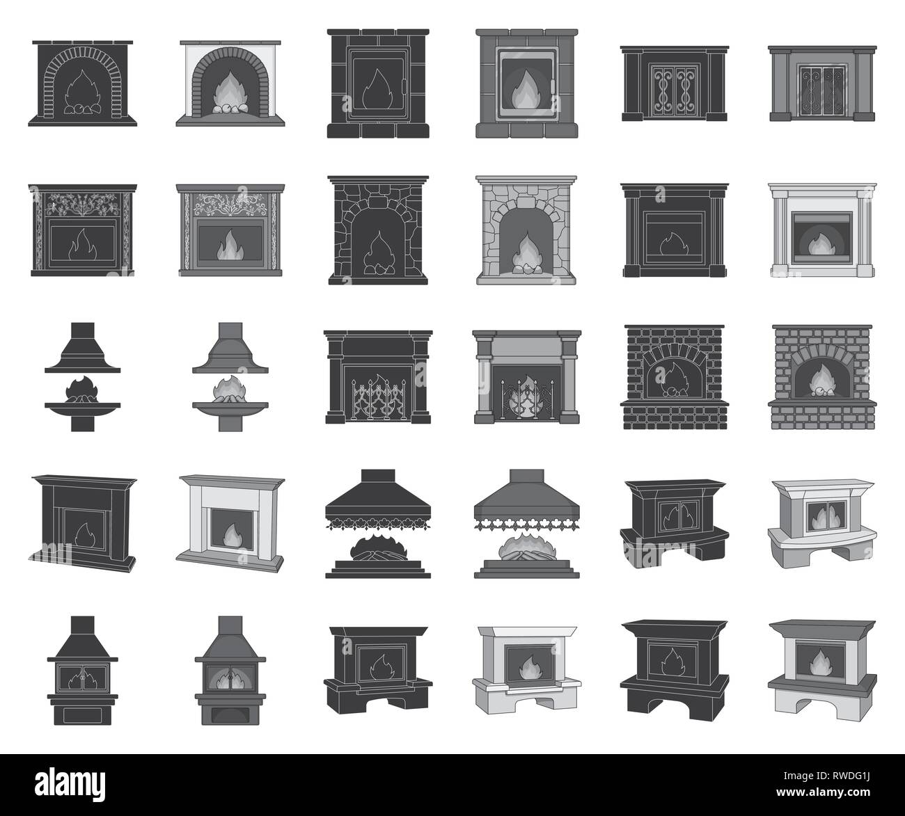 Different kinds of fireplaces black,monochrome icons in set collection