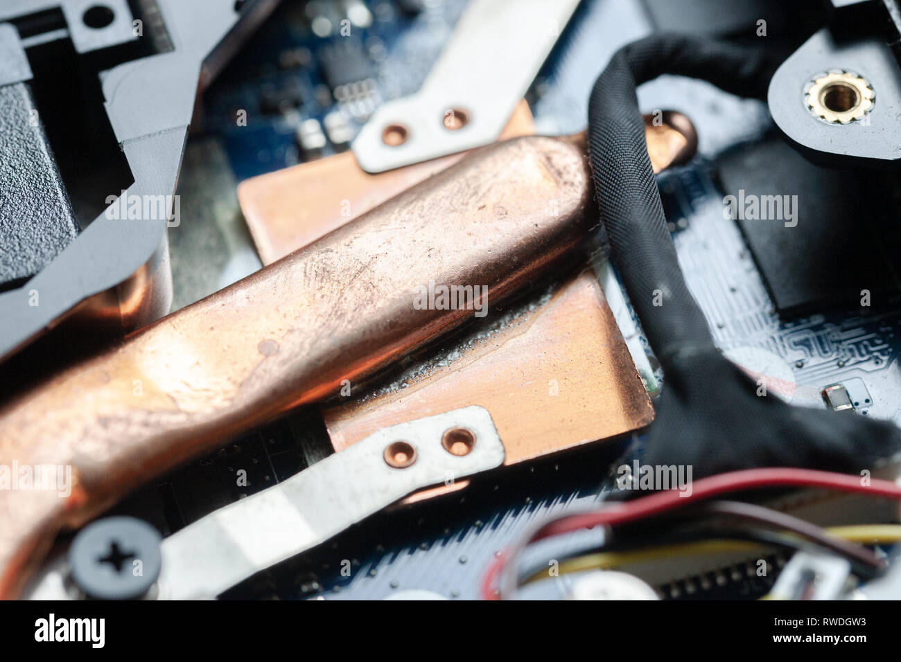 laptop computer cooling system element. radiator at microchip. replacement and repairing hardware. Stock Photo