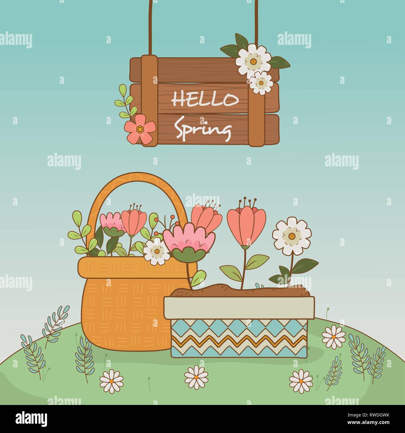 cute flowers and leafs in pot landscape scene Stock Vector Image & Art ...