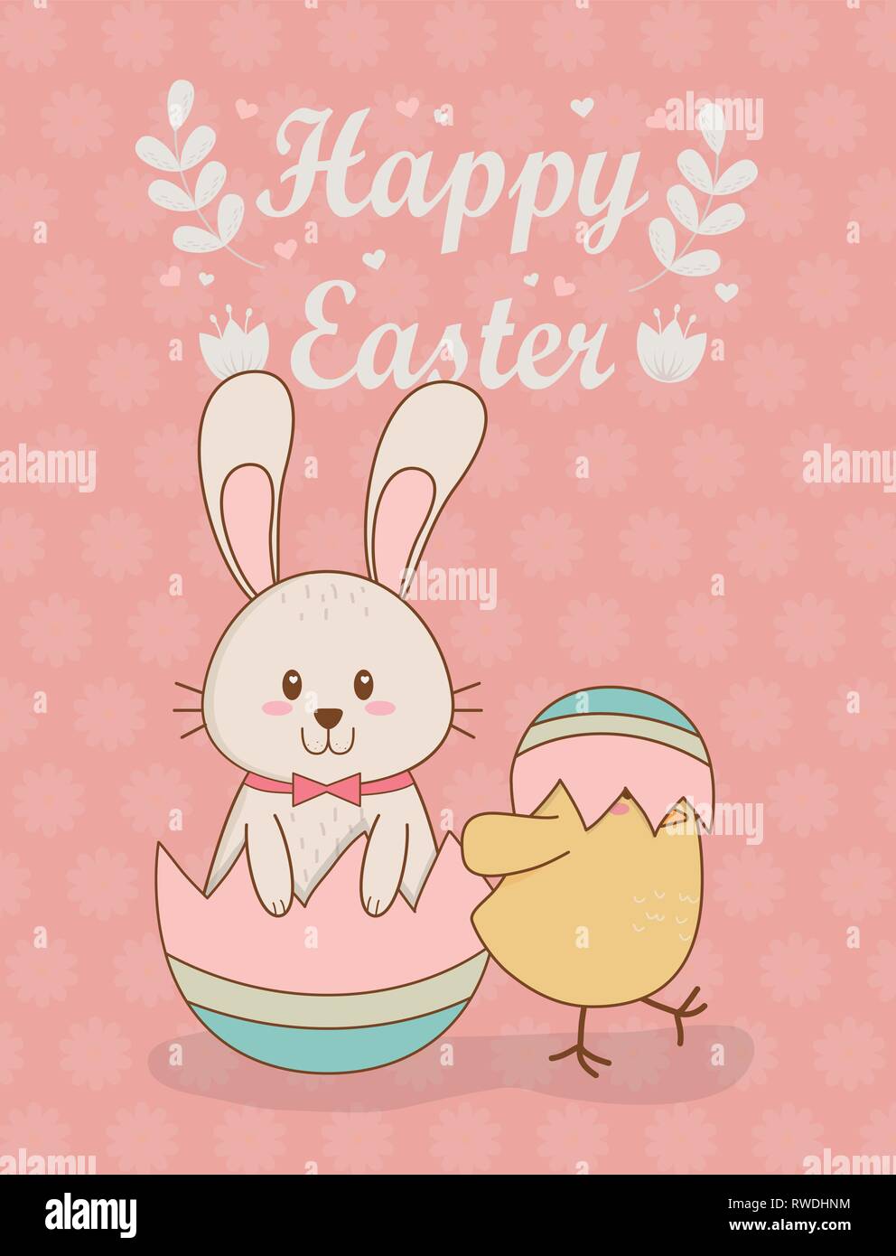 little rabbit and chick with egg painted easter characters Stock Vector ...