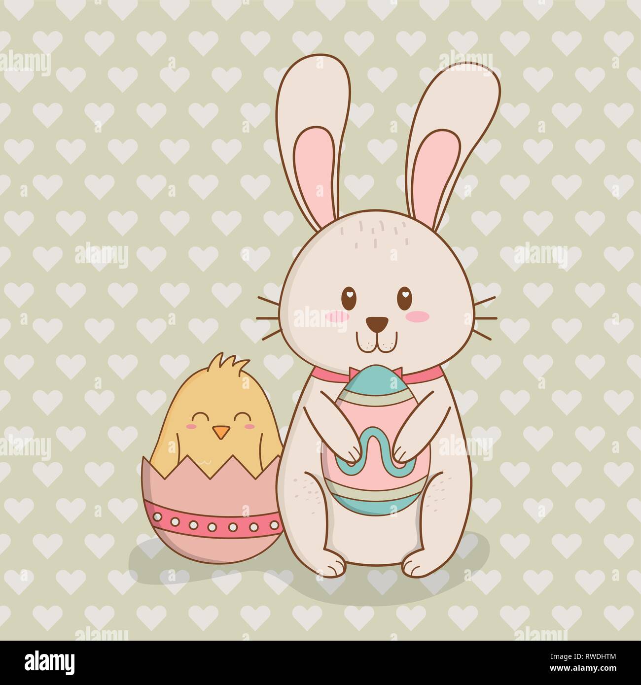 little rabbit and chick with egg painted easter characters Stock Vector ...