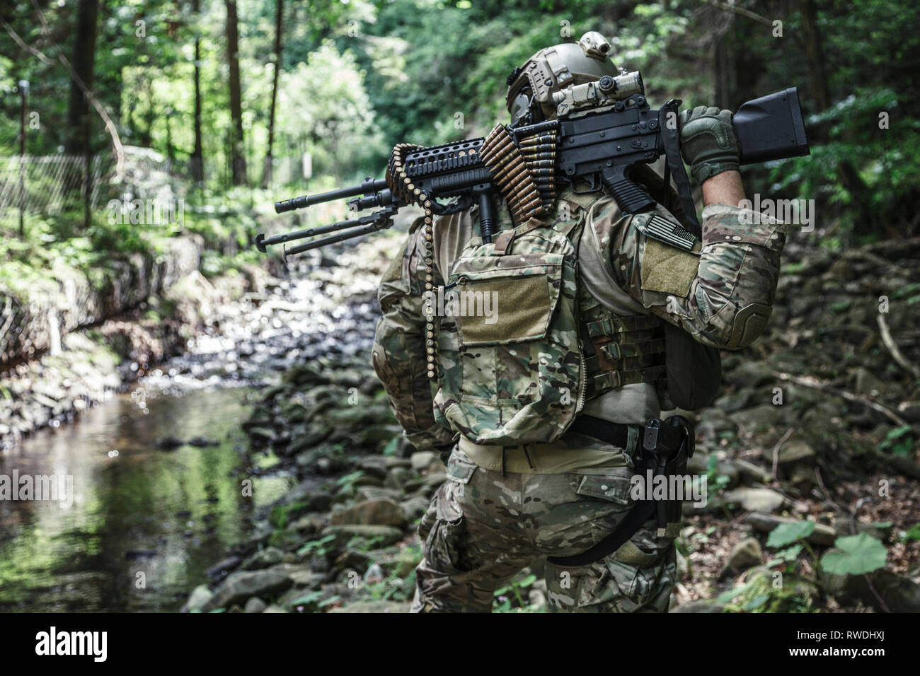 United States Army ranger machine gunner in the forest Stock Photo Alamy