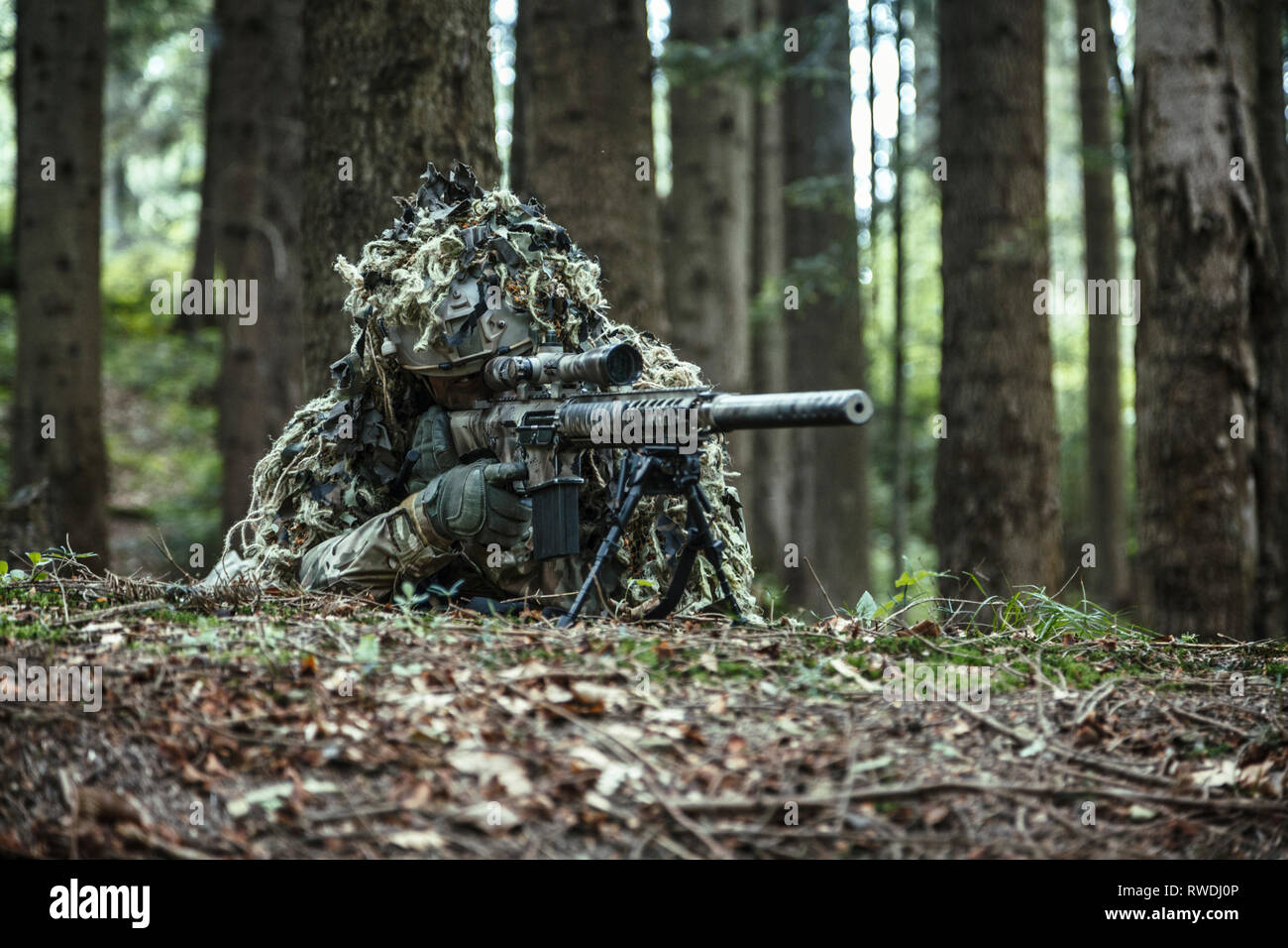 United States Army ranger sniper wearing ghillie suit. Stock Photo