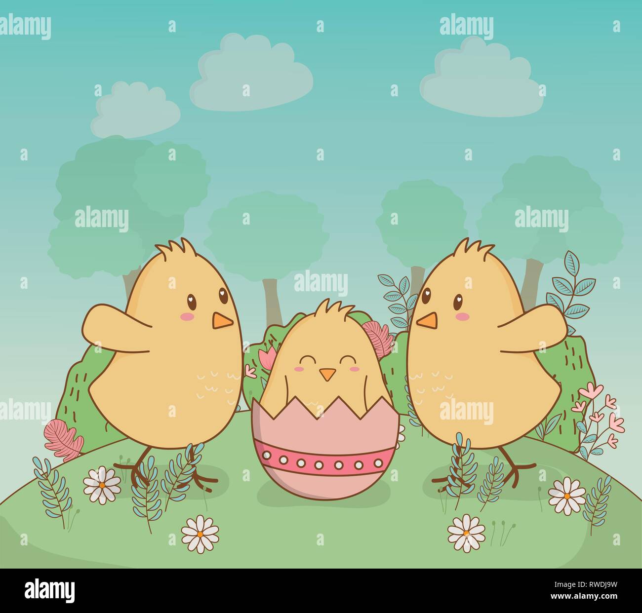 little chicks with eggs painted easter characters Stock Vector Image ...