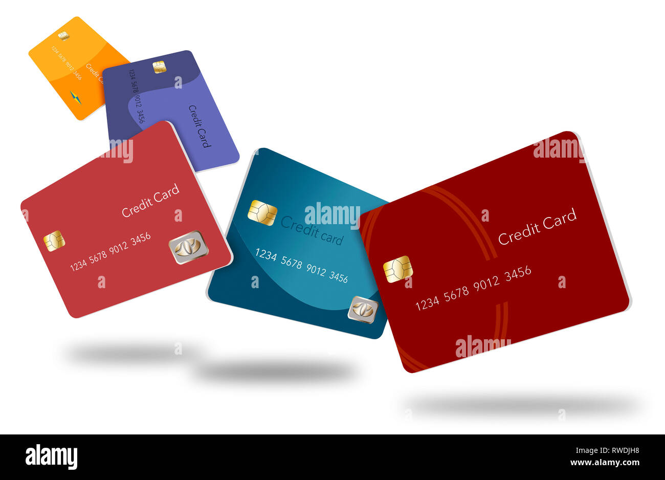 Five credit cards in various colors float through the air in this image ...