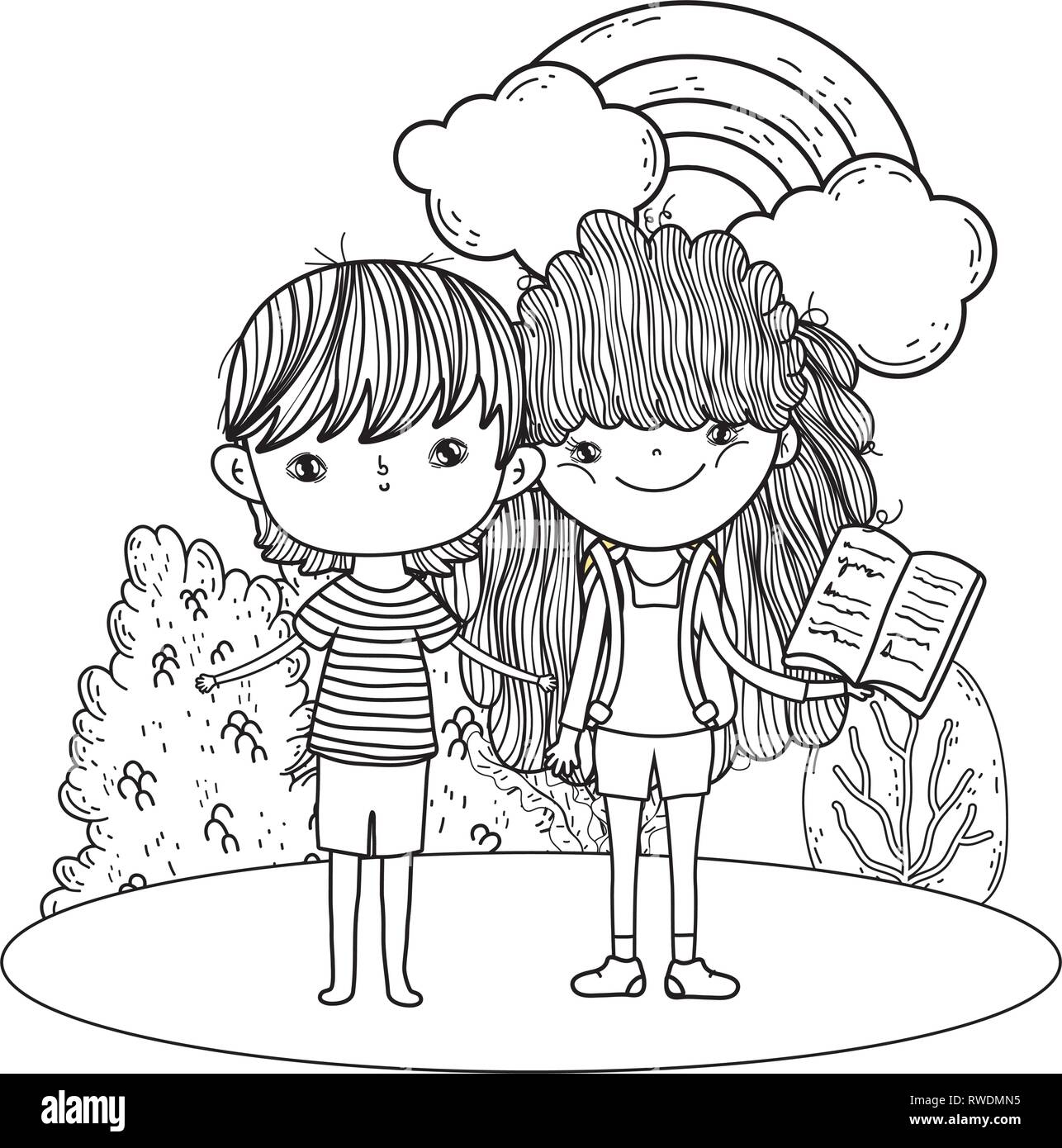 happy little kids reading books in the landscape Stock Vector Image ...