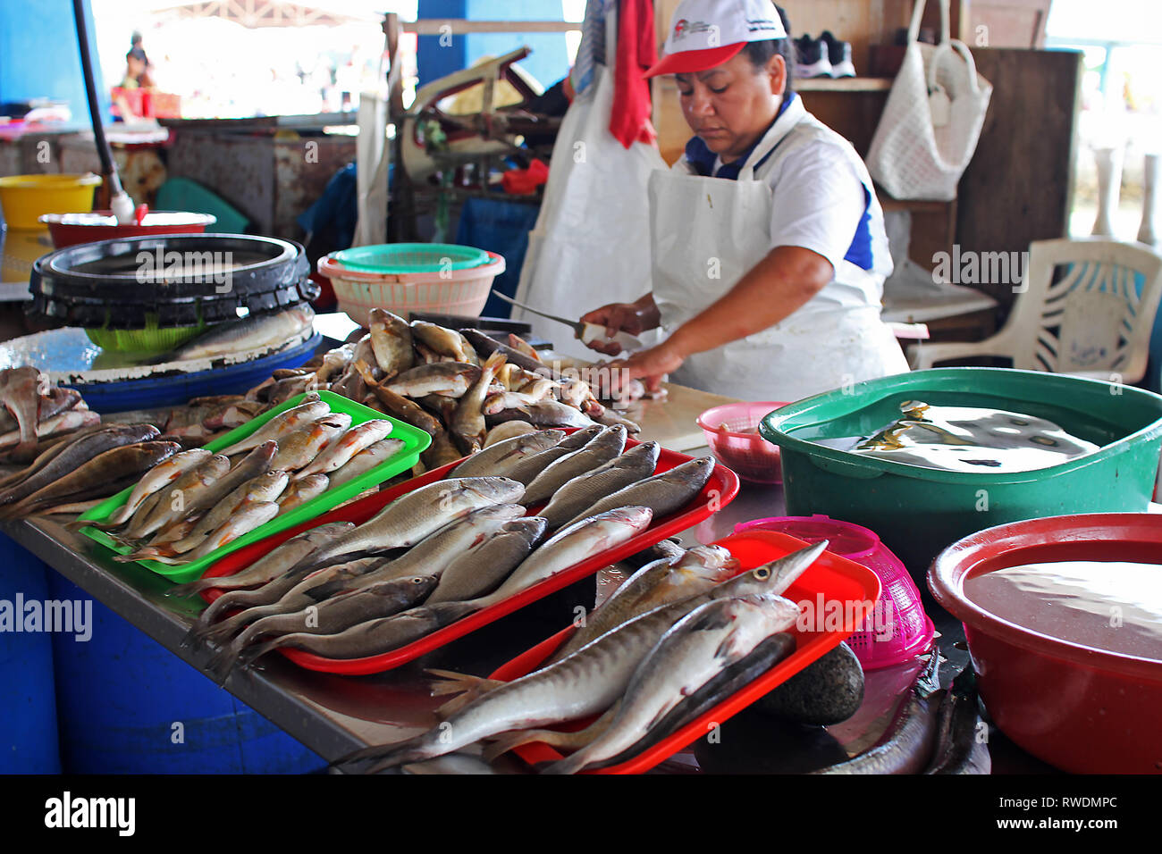 Lima, Perú - February 24 2019: Female Peruvian seller at a fish stand in Chorrillos seafood market near Agua Dulce beach Stock Photo