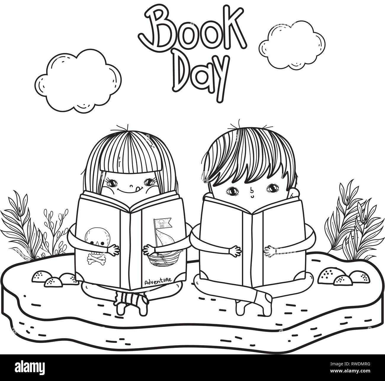 happy little kids reading books in the landscape Stock Vector
