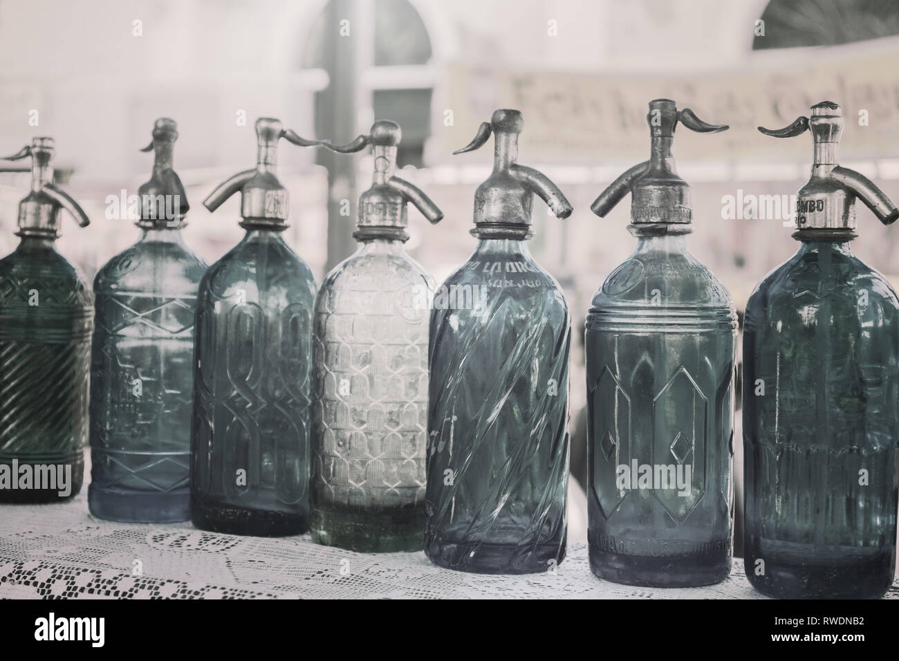 Antique Siphons bottles Glass in Flea Market, Buenos Aires, Argentina. filter mapping Stock Photo