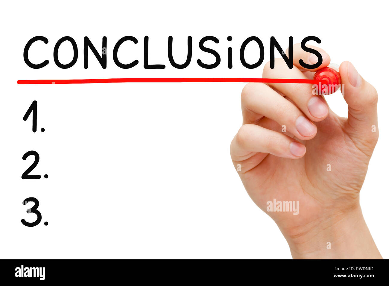 Hand underlining the word Conclusions in blank list concept with red marker isolated on white. Stock Photo
