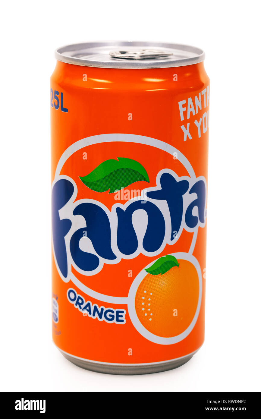 HUETTENBERG, GERMANY - JUNE 7, 2018: Aluminium can of Fanta Orange soft drink on white background. Fanta is popular fruit-flavored carbonated soft dri Stock Photo