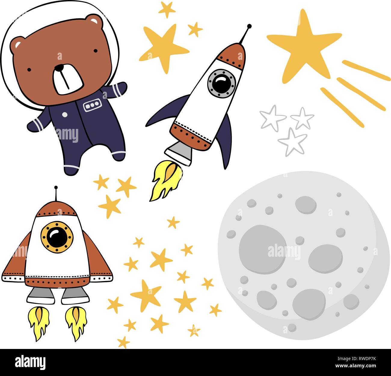 cute bear in astronaut suit with space theme design elements isolated on white. hand drawn style illustration. can be used for nursery decoration, des Stock Vector