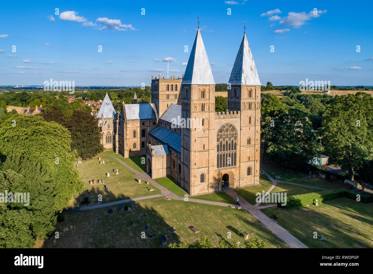 Southwell Mister and Romanesque Cathedral in Nottinghamshire, England, UK. Aerial view Stock Photo