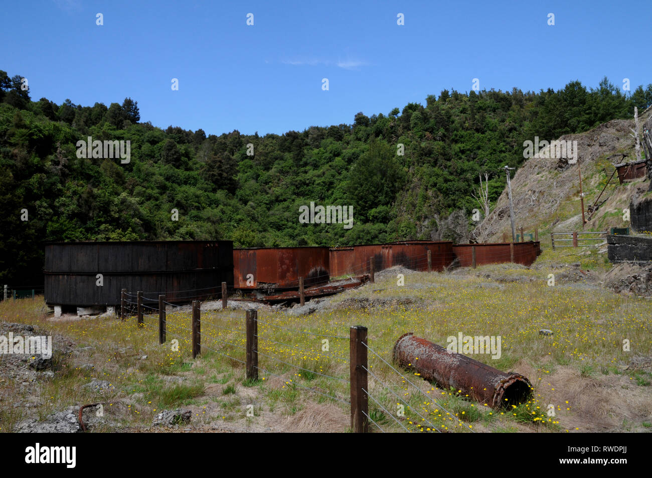 The cyanide settlement tanks for gold processing at the Snowy Battery on the Snowy River near Waiuta Ghost Town, Westland, South Island, New Zealand Stock Photo