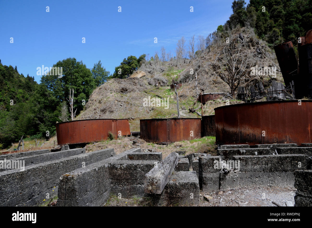 The cyanide settlement tanks for gold processing at the Snowy Battery on the Snowy River near Waiuta Ghost Town, Westland, South Island, New Zealand Stock Photo
