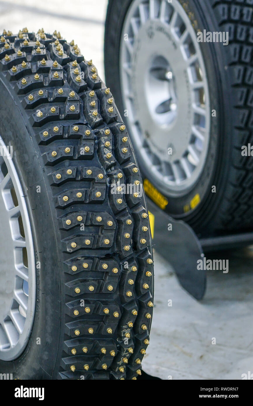 group of studded snow tires for rally for use in winter rally stages Stock  Photo - Alamy