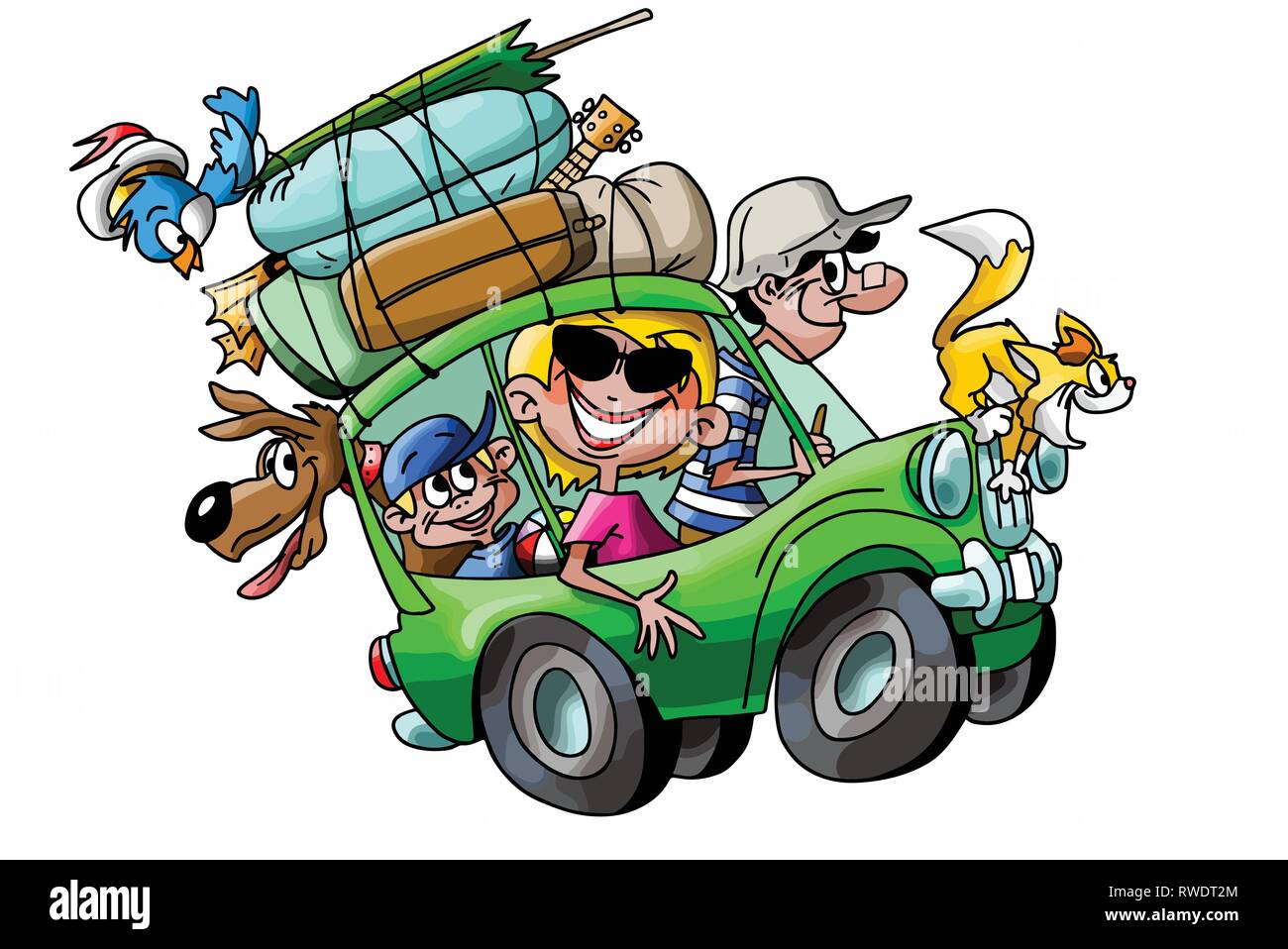 Cartoon family going on vacation with their car fully loaded vector illustration Stock Vector