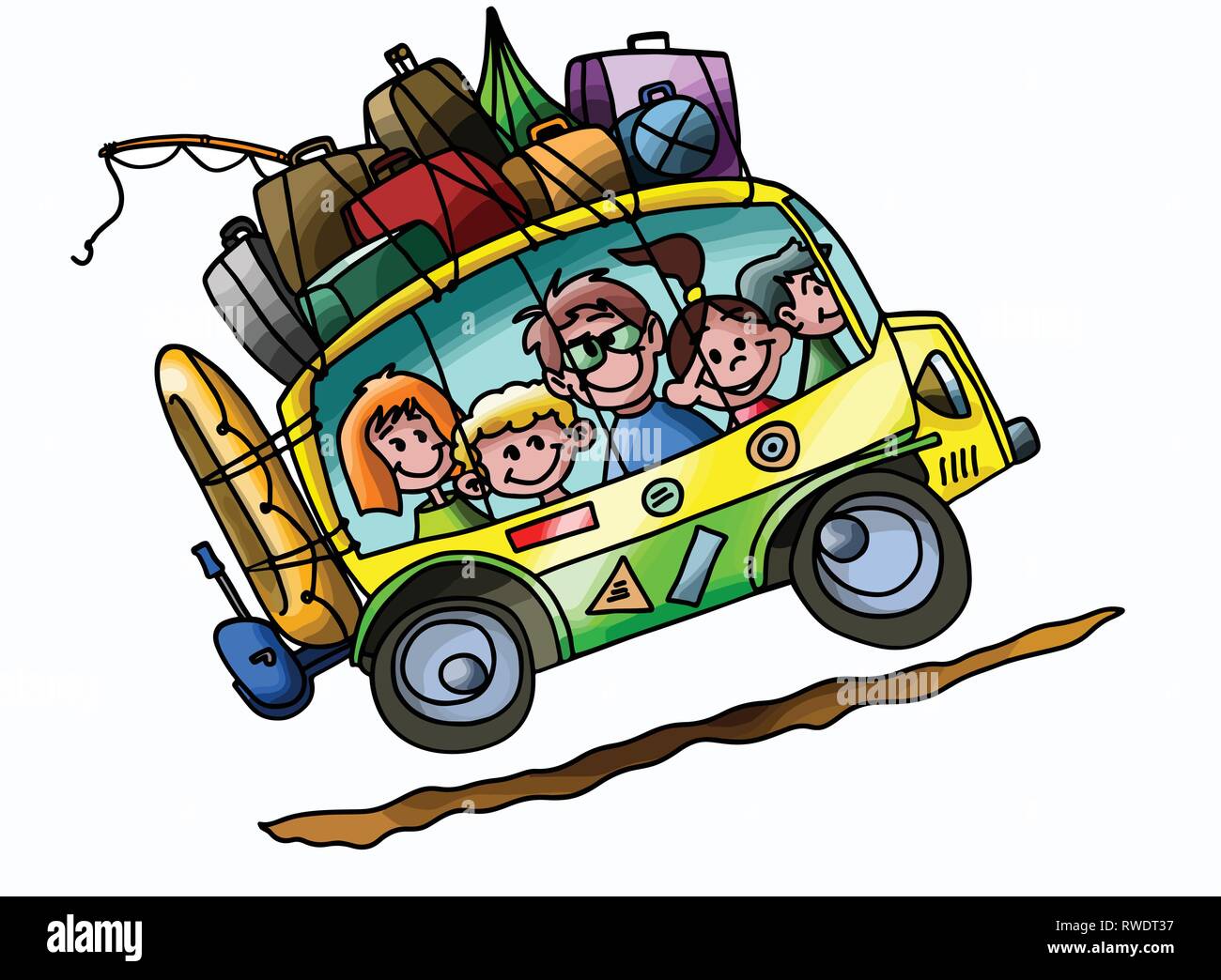 Cartoon family going to summer camp with their car fully loaded vector illustration Stock Vector
