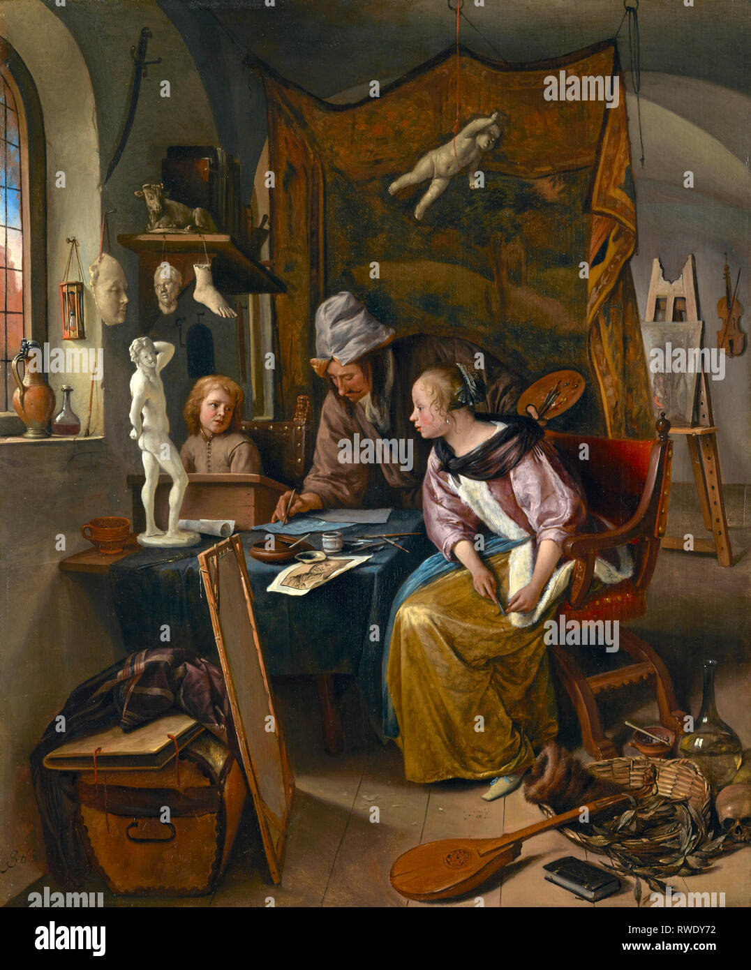 The Drawing Lesson; Jan Steen (Dutch, 1626 - 1679); about 1665; Oil on panel; 4Digital image courtesy of the Getty's Open Content Program. Stock Photo