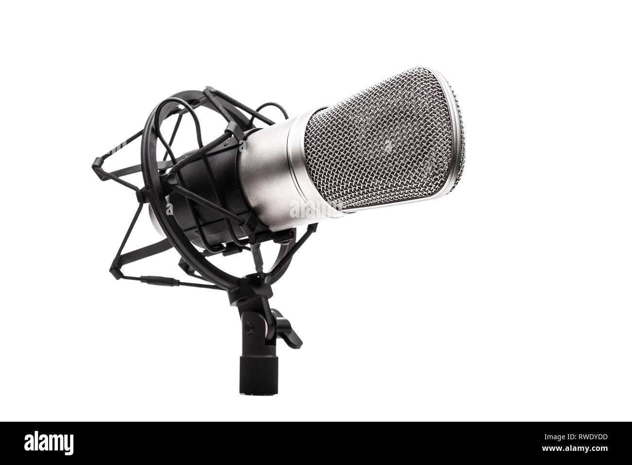 professional studio microphone on a vibrations stand, against white