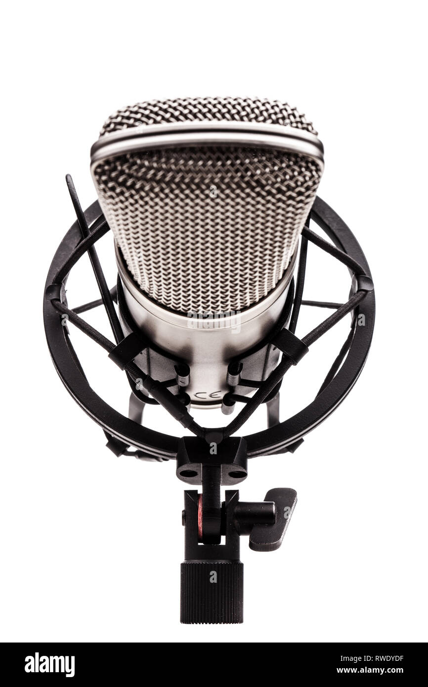professional studio microphone on a vibrations stand, against white