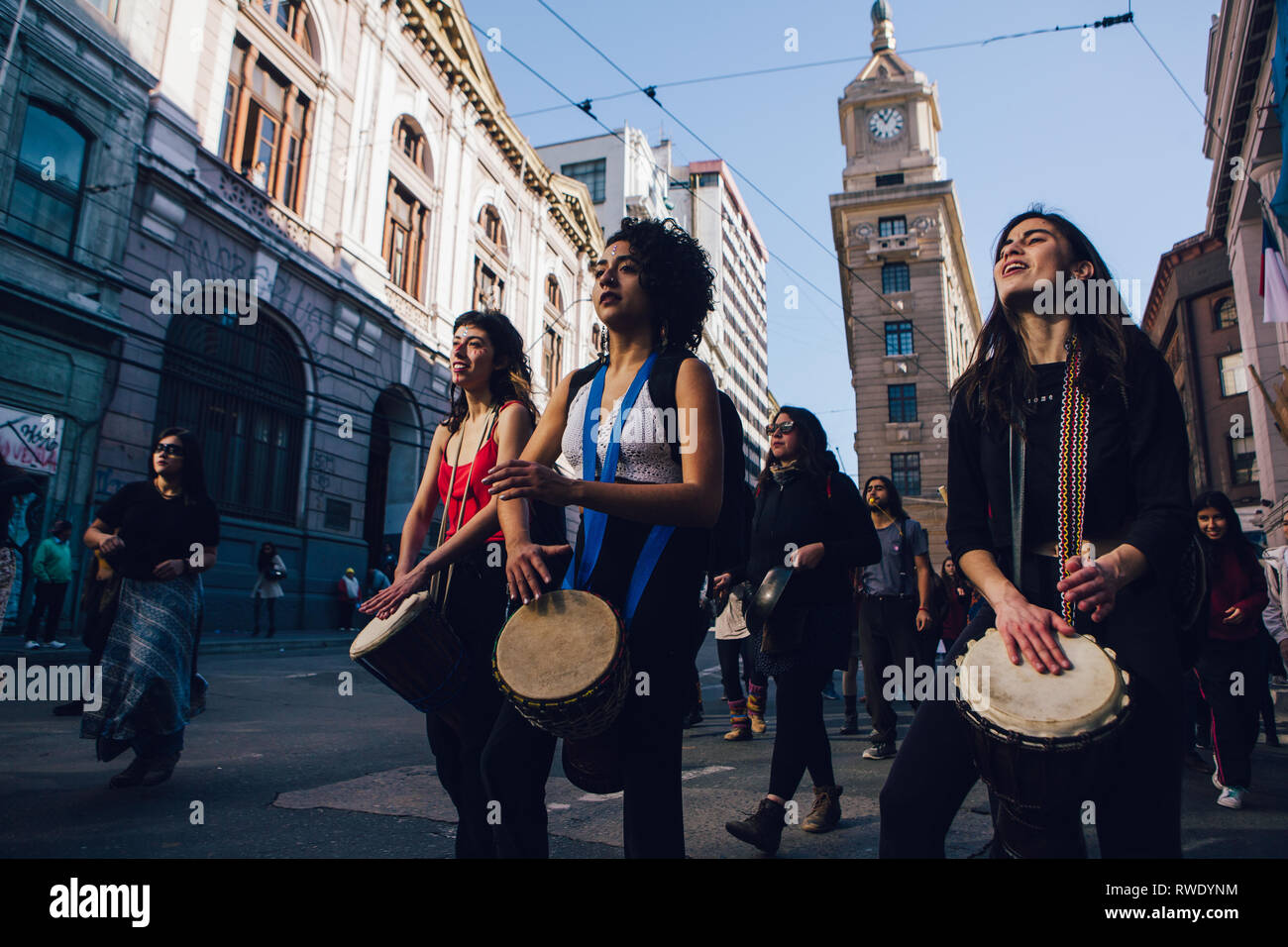 Valparaiso, Chile - June 01, 2018: Chileans marched through Valparaiso's streets, demanding an end to Sexism in the Education System. Stock Photo