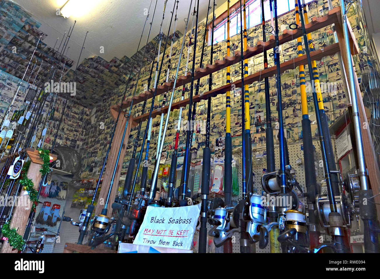20th February, 2019 Capitola, CA, USA   Interior of Capitola Boat & Bait the famous fishing retail outlet on Capitola pier - with it's famous collecti Stock Photo