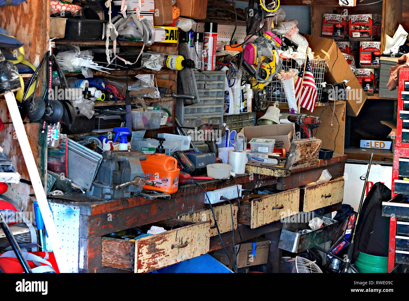 20th February, 2019 Capitola, CA, USA   Interior workshop of Capitola Boat & Bait the famous fishing retail outlet on Capitola pier Stock Photo