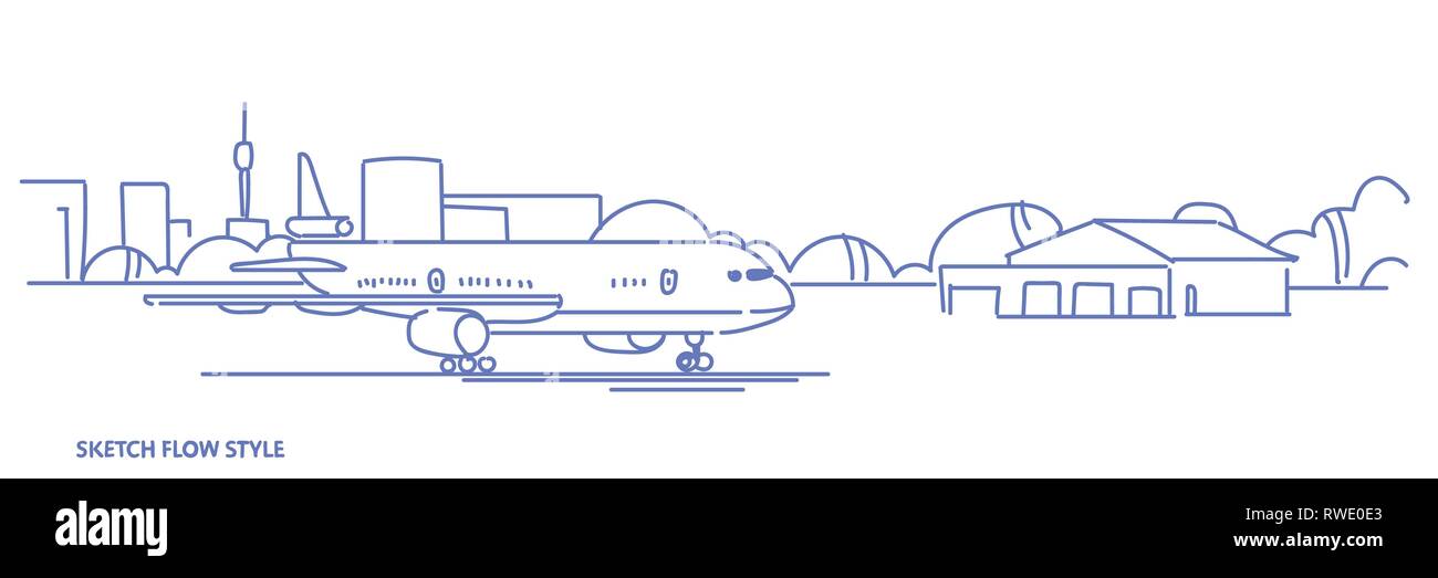 Airport Terminal With Aircraft Flying Plane Taking Off Cityscape