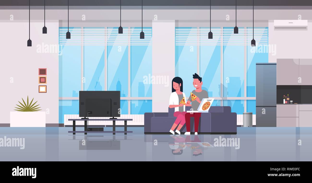 happy couple eating pizza man woman watching tv on couch modern apartment home interior male female cartoon characters flat horizontal Stock Vector