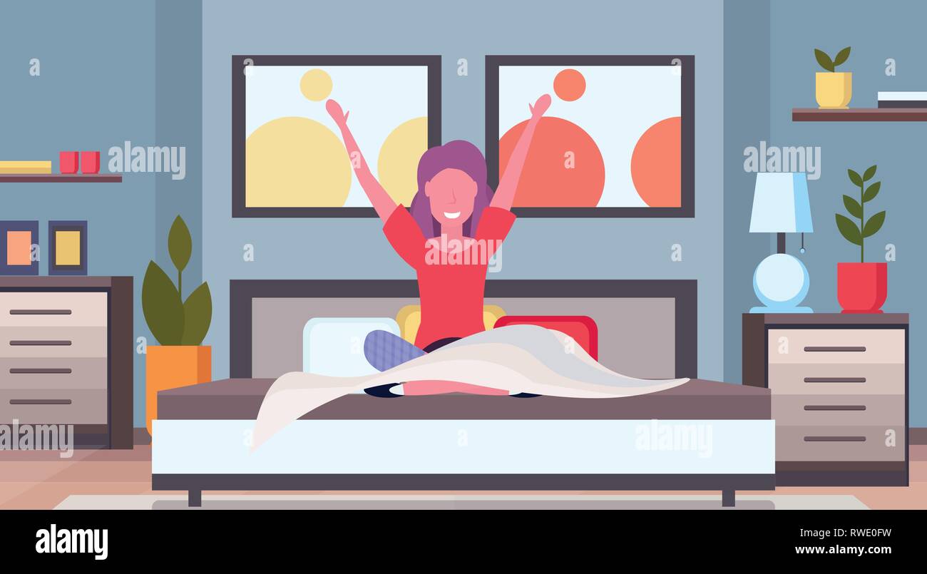 woman stretching arms waking up in the morning girl sitting on bed after getting up satisfaction concept modern apartment bedroom interior flat Stock Vector