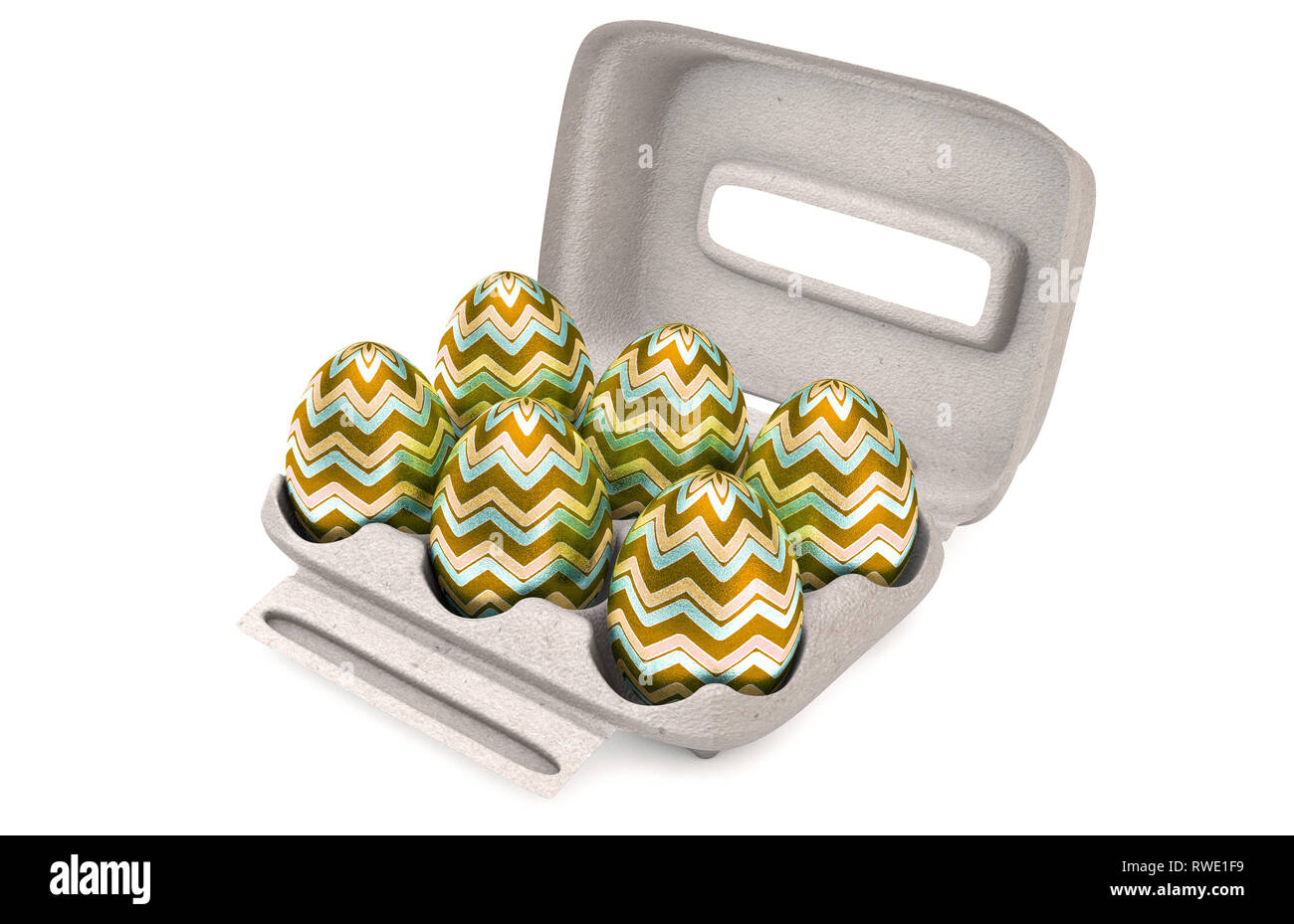 A collection of six easter eggs in a regular cardboard egg carton on an