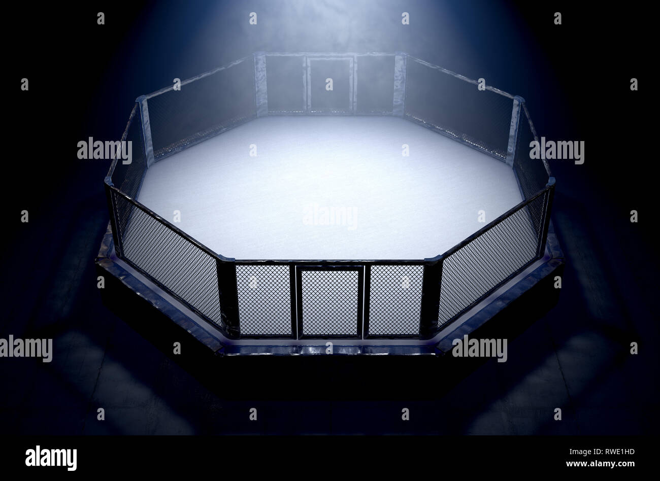 A 3D render of an MMA fight cage arena dressed in black padding spotlit by  a single light on an isolated dark background - 3D render Stock Photo -  Alamy