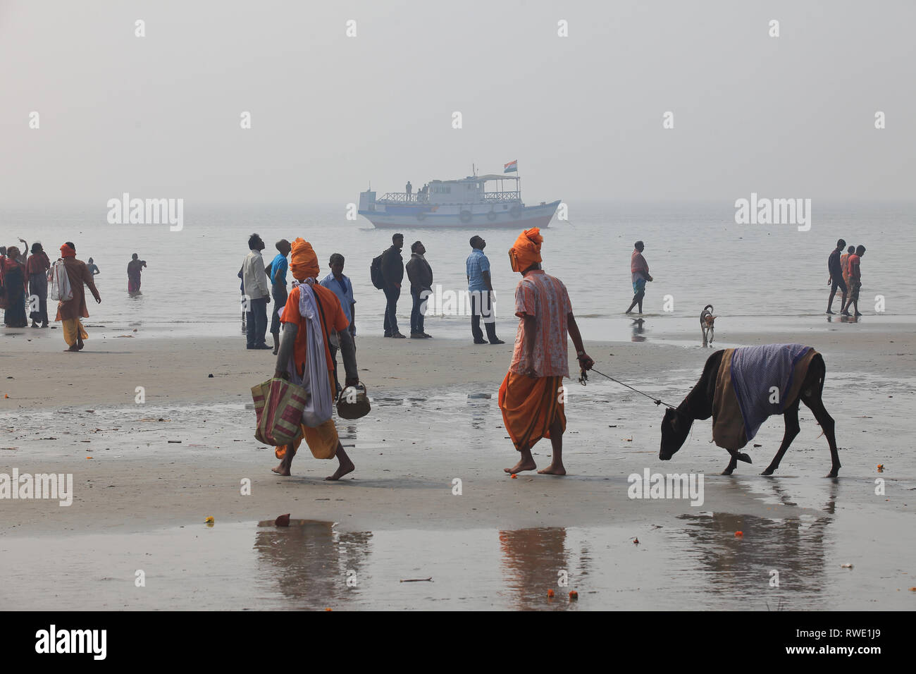 Hindu pilgrims gathered to take bath in the Ganges on the day of 'Makar Sankrathi' in Gangasagar islands. West Bengal, India. Stock Photo