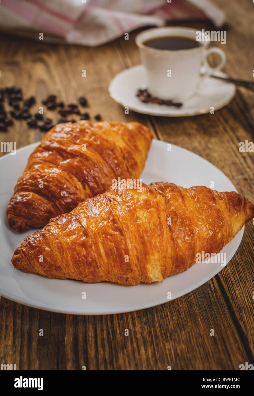 Traditional French Breakfast Croissant And Coffee On Wood Table Stock Photo Alamy