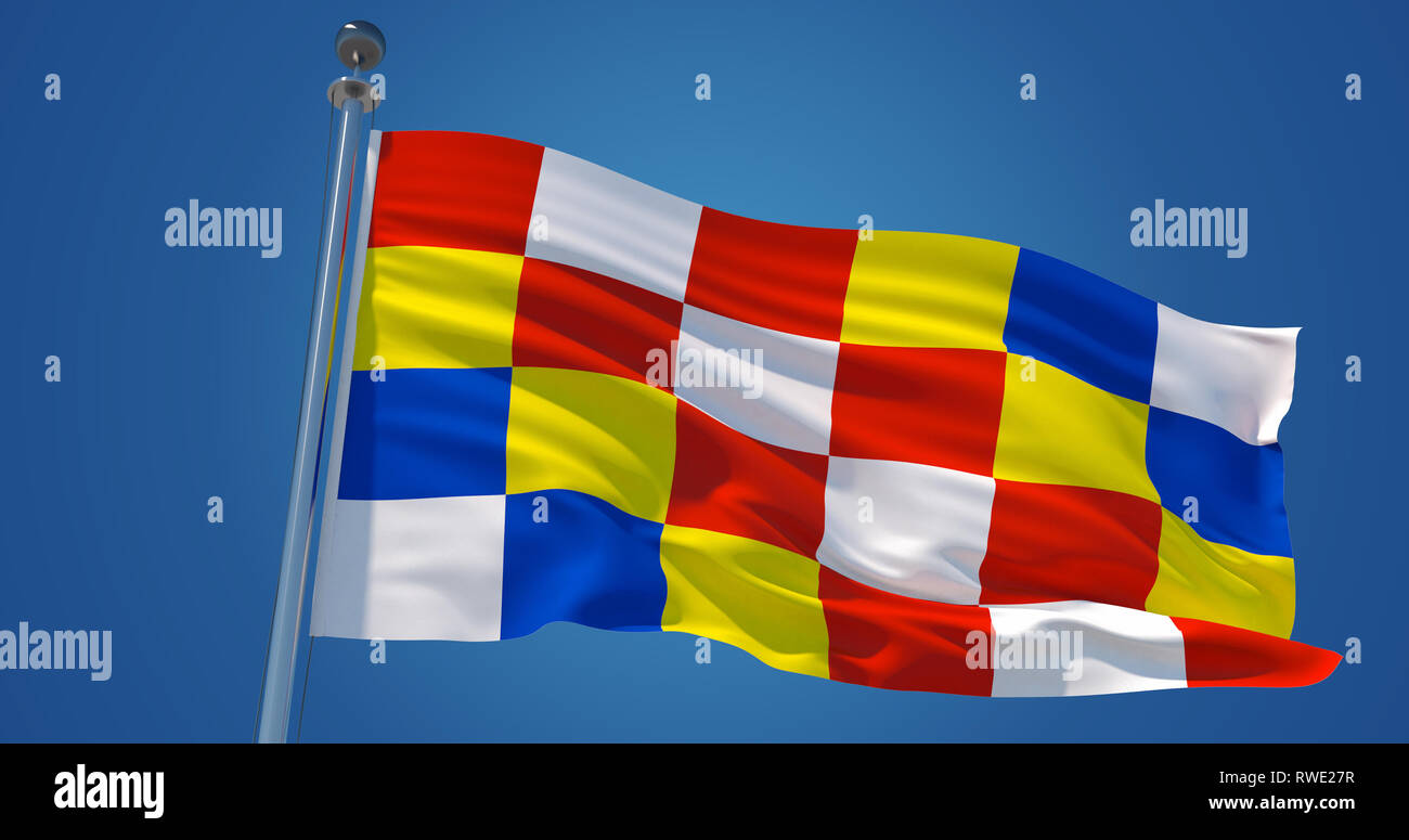 Fluttering silk flag of Antwerp province, Belgium. Antwerp province official flag in the wind against clear blue sky. 3d render Stock Photo