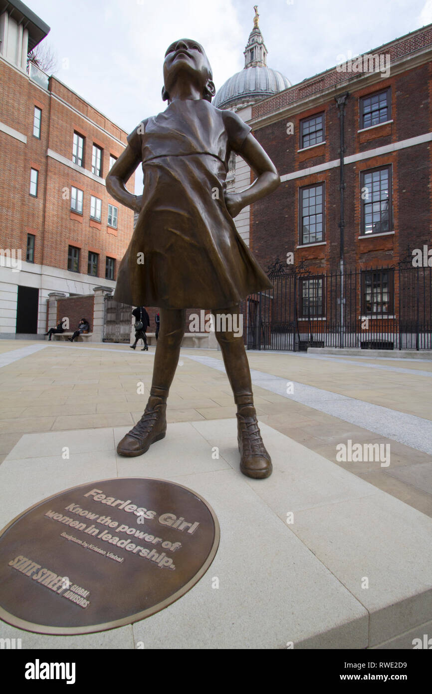 Fearless Girl in London, Statue sculpture of iconic fearless girl in Paternoster square London