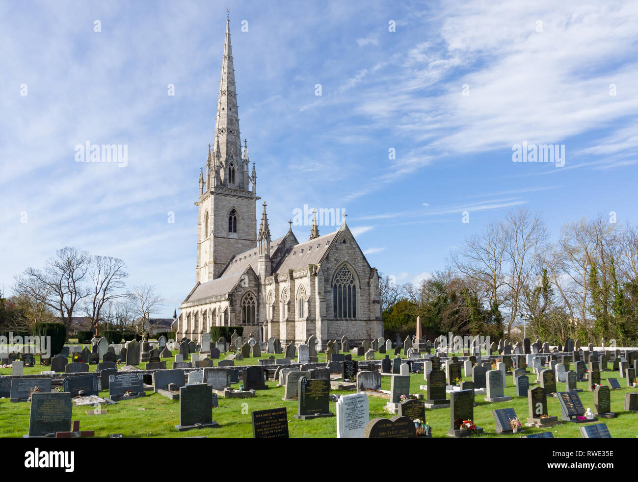 Saint Margarets church built in 1860 also known as the marble church and is a prominent landmark in Bodelwyddan North Wales. Stock Photo