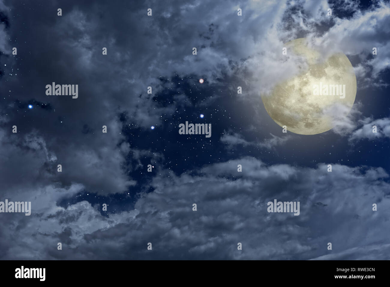 Full moon night sky with clouds and stars Stock Photo - Alamy