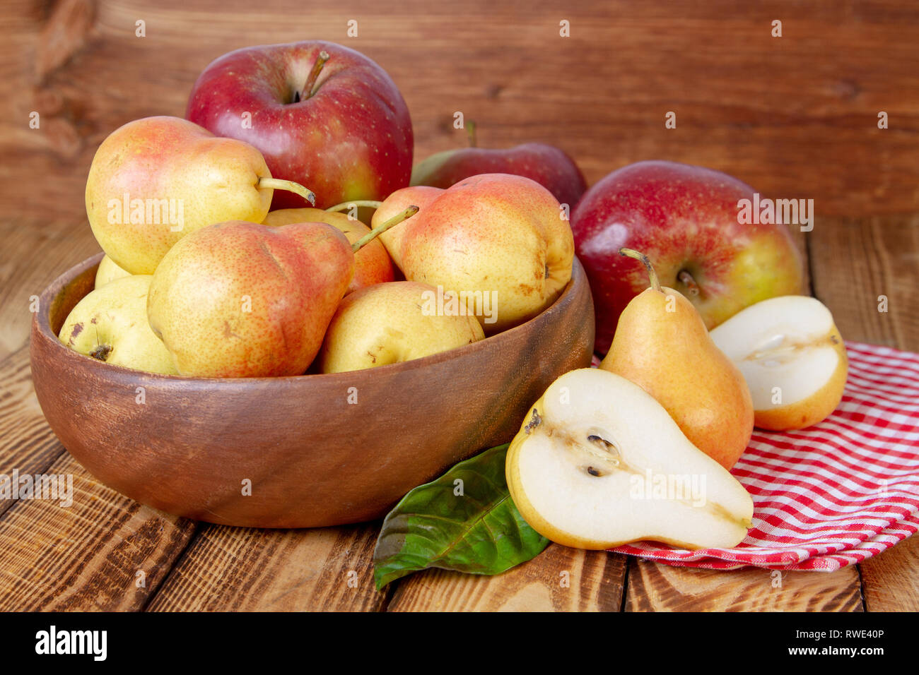 Red Apple Pear Bowl Cup Red Napkin Old Rustic Wooden Stock Photo