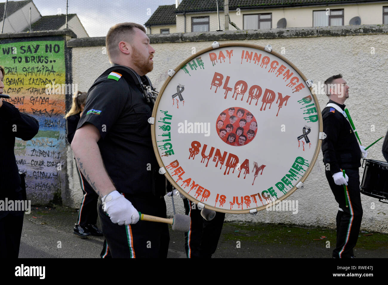 A drummer from the Glasgow Republican Flute Band at the 47th Bloody Sunday commemoration march, in Londonderry, on Sunday 27 January 2019. Credit: Geo Stock Photo