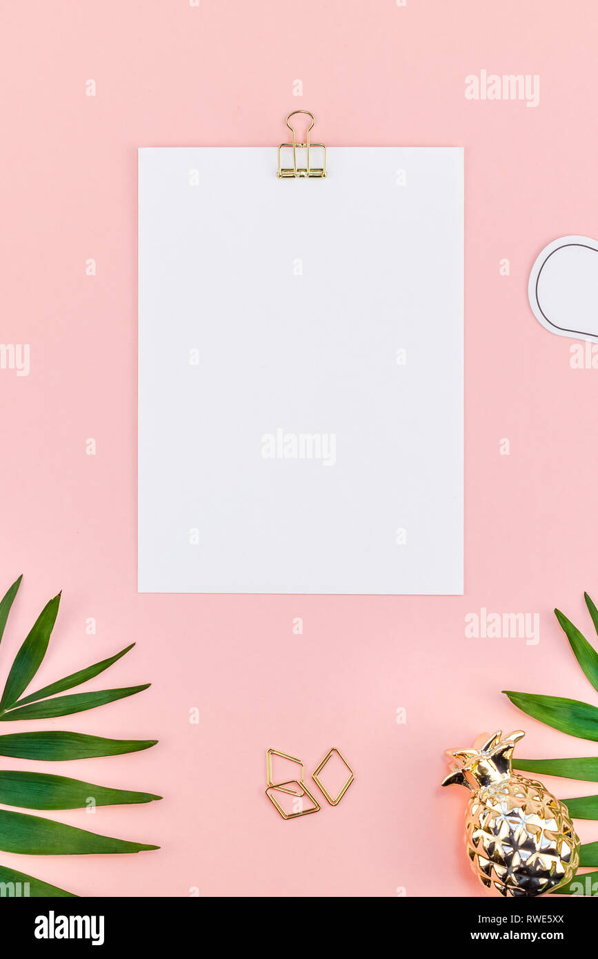 Creative flat lay top view mock up blank paper sheet postcard clip ...