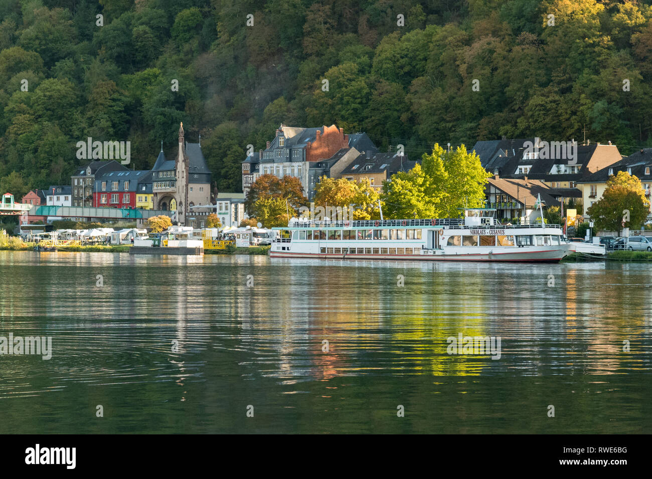 Traben-Trarbach - cruise boat moored in early autumn - Moselle Valley, Germany, Europe Stock Photo
