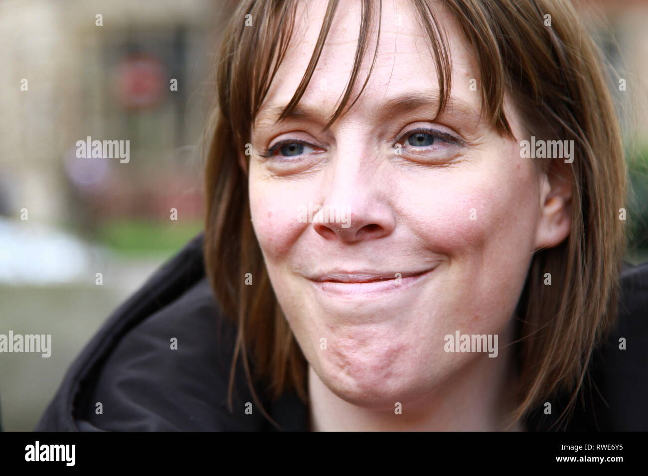 Jess Phillips member of parliament for Birmingham Yardley pictured in Parliament Square, Westminster, London, UK  whilst attending a gathering of various organisations for women's rights on 5th March 2019. Harassment in the work place. Muslim women's network UK. Labour party MPS. British politicians. UK Politics. UK politicians. Stock Photo