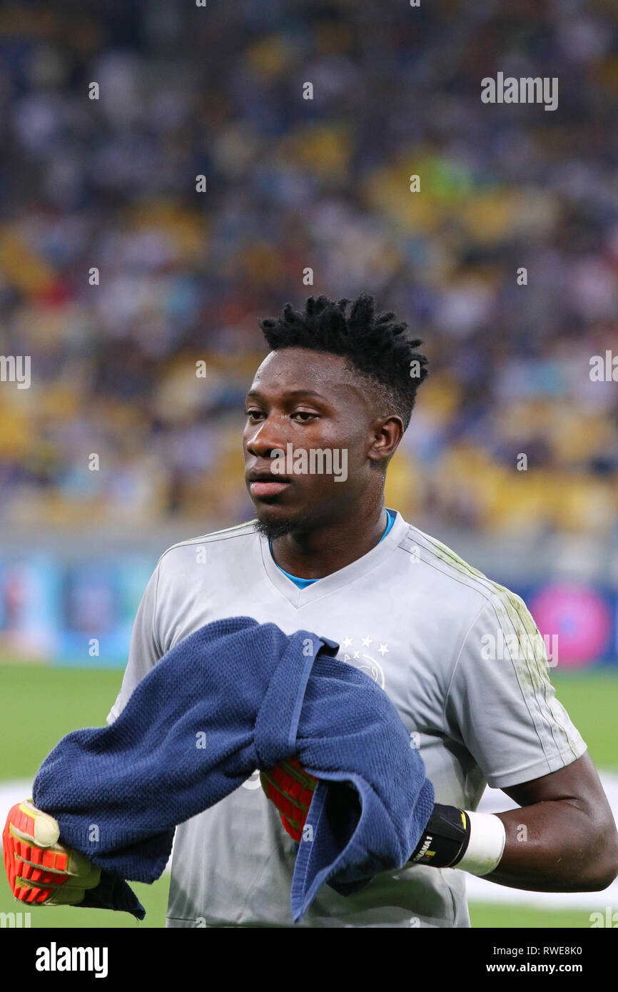 KYIV, UKRAINE - AUGUST 28, 2018: Goalkeeper Andre Onana of AFC Ajax walks on after training session before the UEFA Champions League play-off game aga Stock Photo