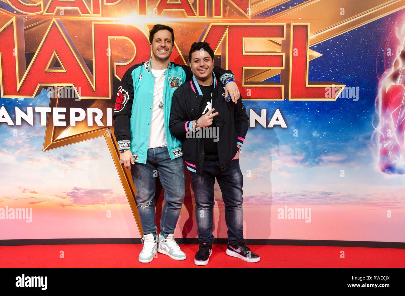Italian youtuber Farid (Farid Shirvani) and Gordon (Yuri Sterrore)  at Captain Marvel premiere red carpet, at Fabrique. Milano, March 5th, 2019 Stock Photo