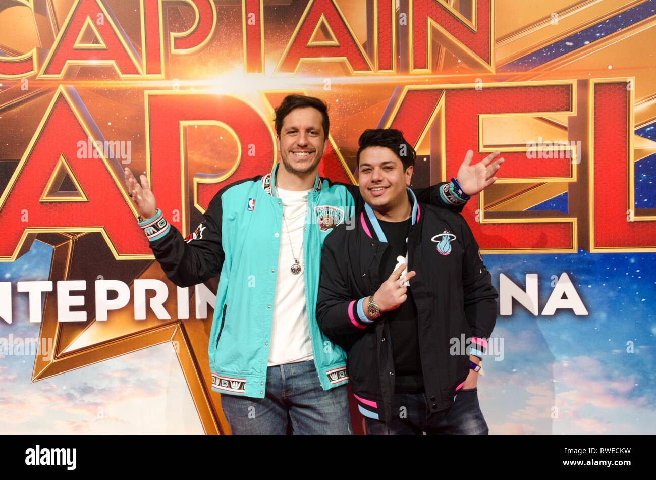 Italian youtuber Farid (Farid Shirvani) and Gordon (Yuri Sterrore)  at Captain Marvel premiere red carpet, at Fabrique. Milano, March 5th, 2019 Stock Photo
