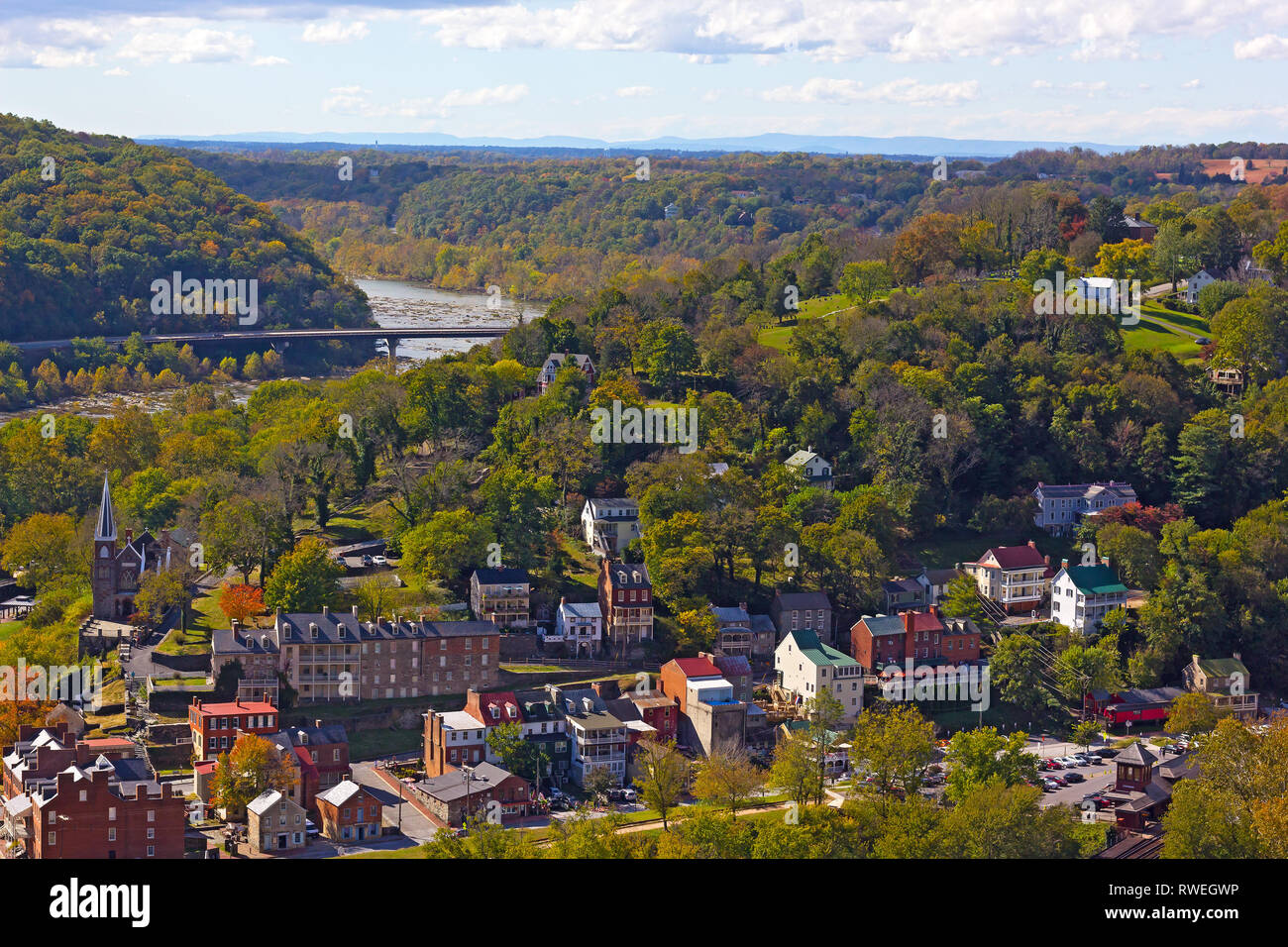 A view on Harpers Ferry National Historic Park and town with railroad station. West Virginia landscape in autumn at the point where Potomac and Shenan Stock Photo