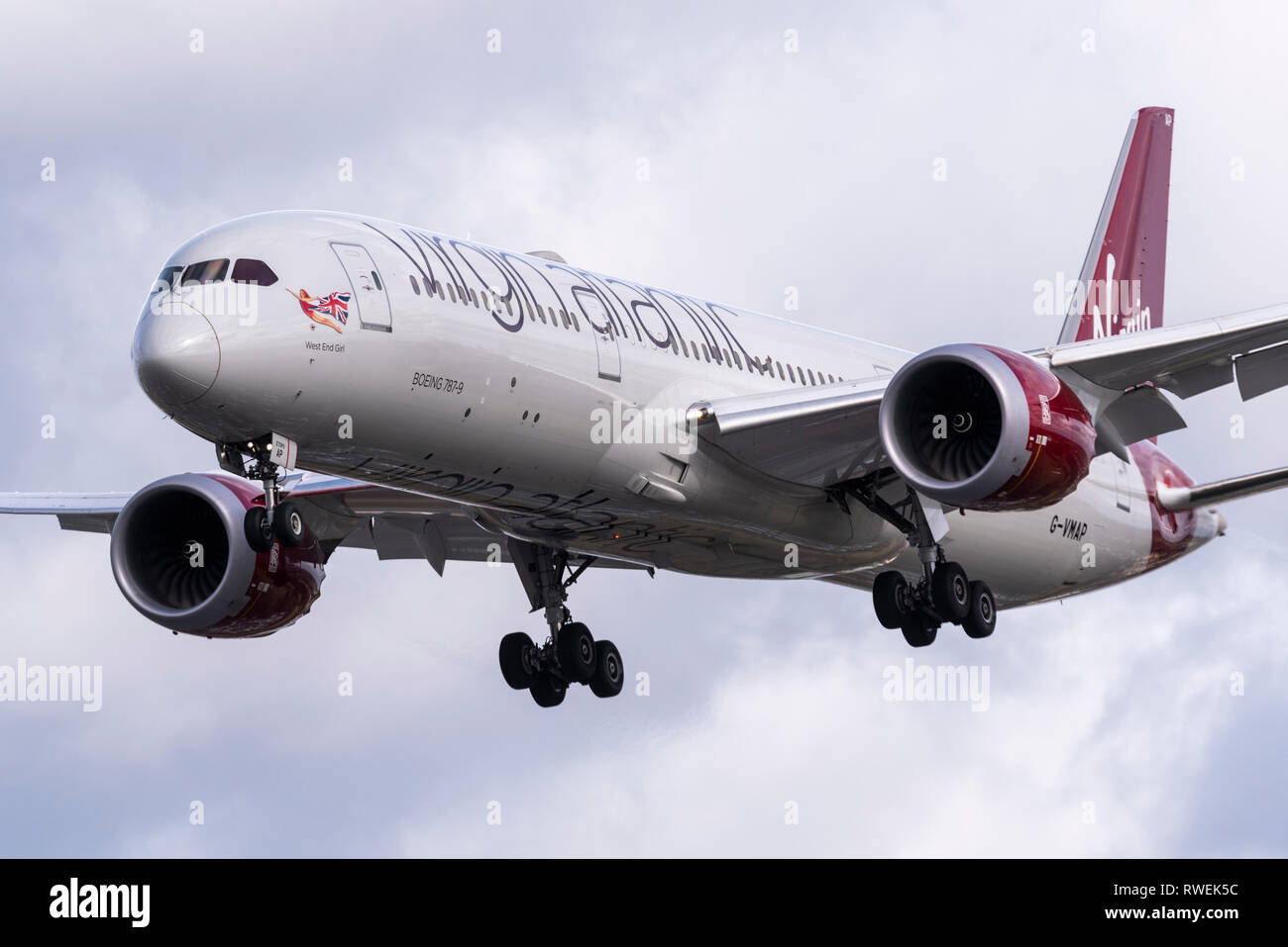Virgin Atlantic Boeing 787 Dreamliner jet plane airliner landing at London Heathrow Airport, UK. Named West End Girl Stock Photo