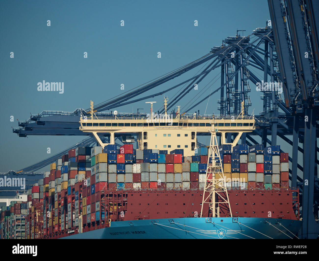 Mega container ships alongside 'Port Of Felixstowe' 'River Orwell ' Suffolk,  England, United Kingdom Stock Photo